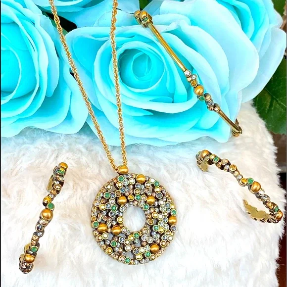 Brighton CRYSTAL PALACE Green/Gold/Crystal Necklace Bracelet Earrings set